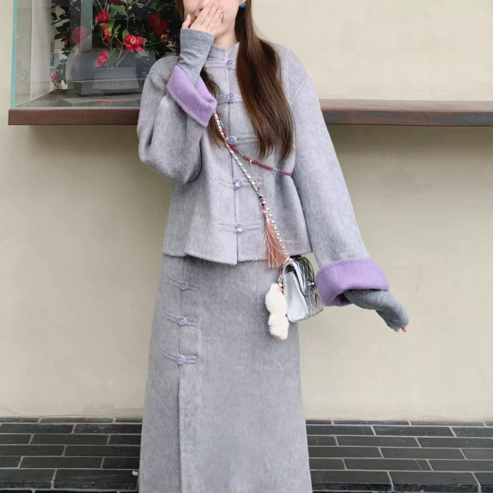 SW绵羊毛新中式盘扣双面呢外套女26冬季新款撞色上衣中长款半身裙