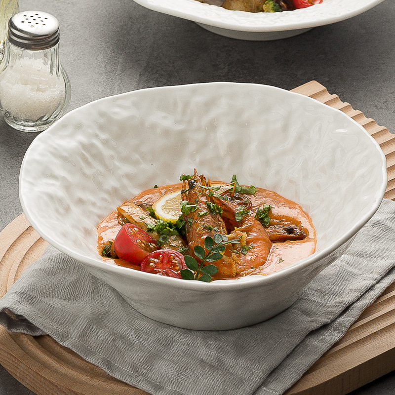简约白瓷斗笠碗石纹面碗法式餐厅沙拉碗高级感泡面碗特色酒店餐具