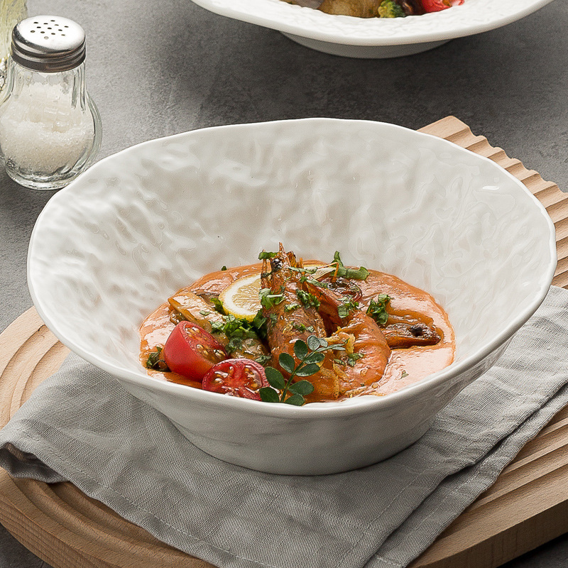 Simple White Porcelain Bucket Bowl Stone Pattern Noodle Bowl French Restaurant Salad Bowl Advanced Featured Hotel Tableware Simple White Porcelain Bucket Bowl Stone Pattern Noodle Bowl French Restaurant Salad Bowl Advanced Featured Hotel Tableware