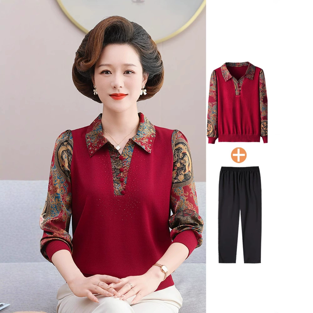 Мама весенний наряд с отворотом топ женский 50-60 лет среднего и пожилого возраста футболка с длинными рукавами рубашка с нижним дном бабушки весенний и осенний набор