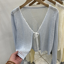 短款镂空薄款长袖针织开衫女2025夏装新款蕾丝边宽松小披肩上衣潮