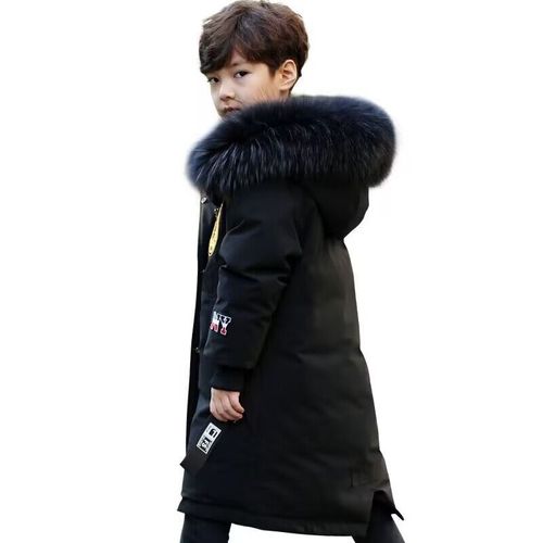 Winter New Boys' Cotton Jacket Korean Style Medium and Large Children's Medium and Long Length Warm Thicken Plush Collar Cotton Coat Outerwear Trendy