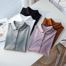 秋冬新款弹力舒适纯棉长袖衬衫女娃娃领简约职场休闲通勤polo上衣
