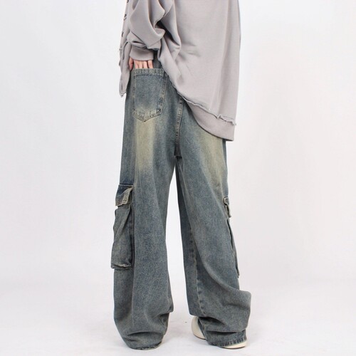 American High Street Citboy Washed Denim Men's Large Pocket Work Straight Leg Pants Spring and Autumn Trend Brand Loose Straight Leg Pants