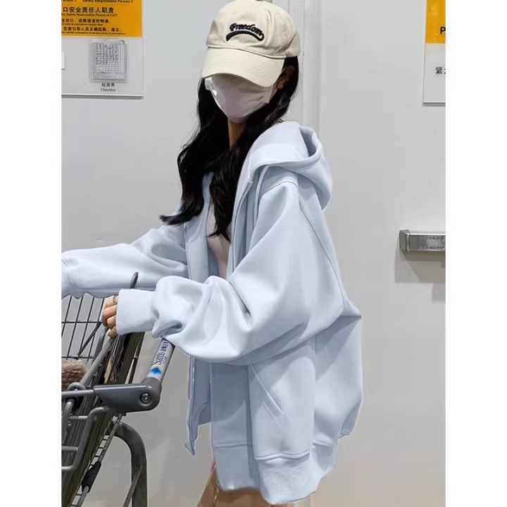 ブルーのスウェットシャツジャケット女性用秋2025新作人気秋ジッパーカーディガン中学生ベルベット厚手トップ