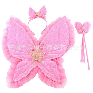 Pink Gold Fabric Butterfly Wings Headband Fairy Wand Set Holiday Party Dress up Fairy Wings Kidsren's Back Decoration