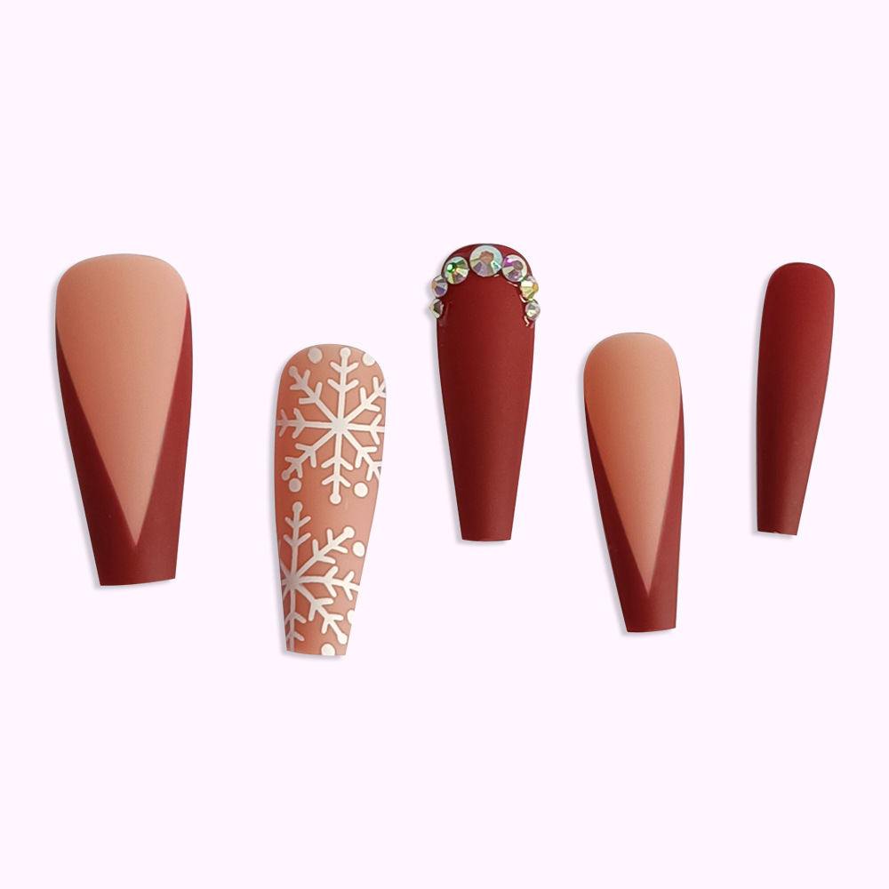 Parche de uñas postizas de copo de nieve rojo y blanco, producto de uñas desmontable, venta caliente, estilo caliente, armadura larga al por mayor