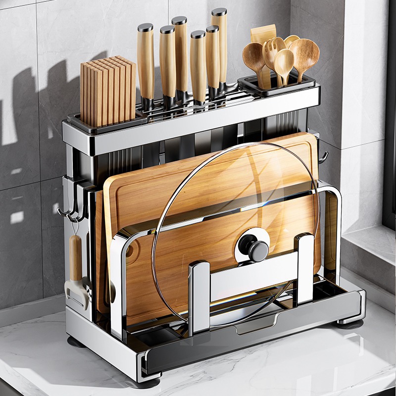 Estante de cuchillos de cocina de acero inoxidable, estante de tabla de corte, estante de almacenamiento integral de palillos y herramientas, estante de cuchillos de cocina