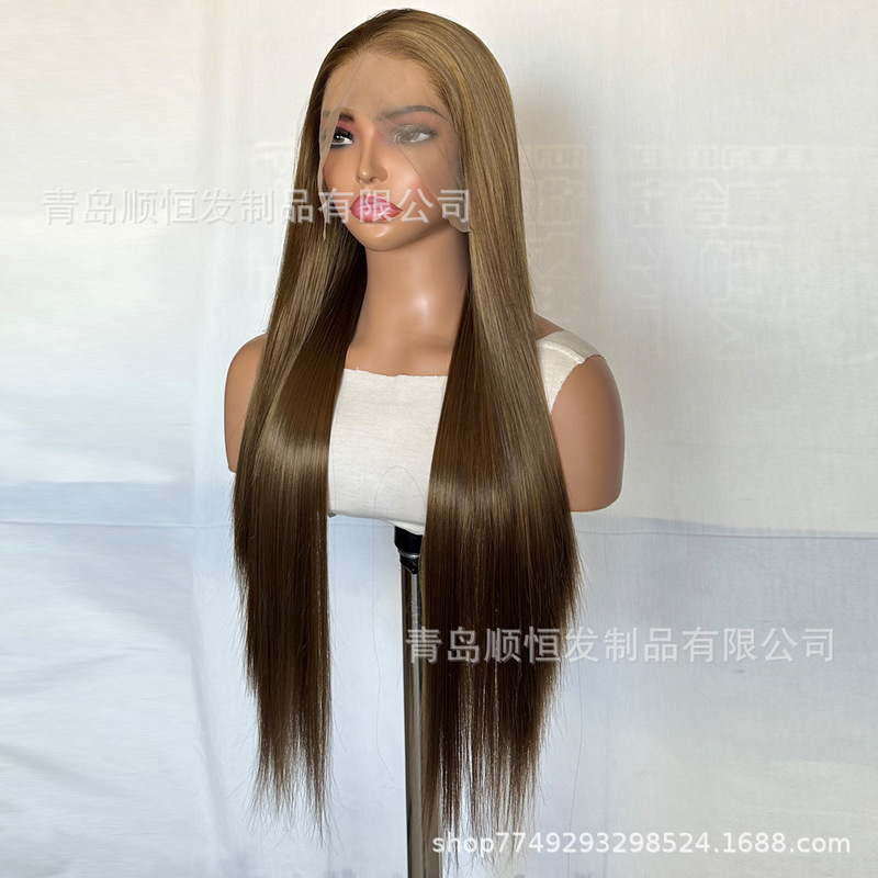 クロスボーダーウィッグ女性のロングヘアフロントレースゴールデンブラウンファッションロングストレートヘア合成繊維マット高温シルクフルヘッドギア|undefined