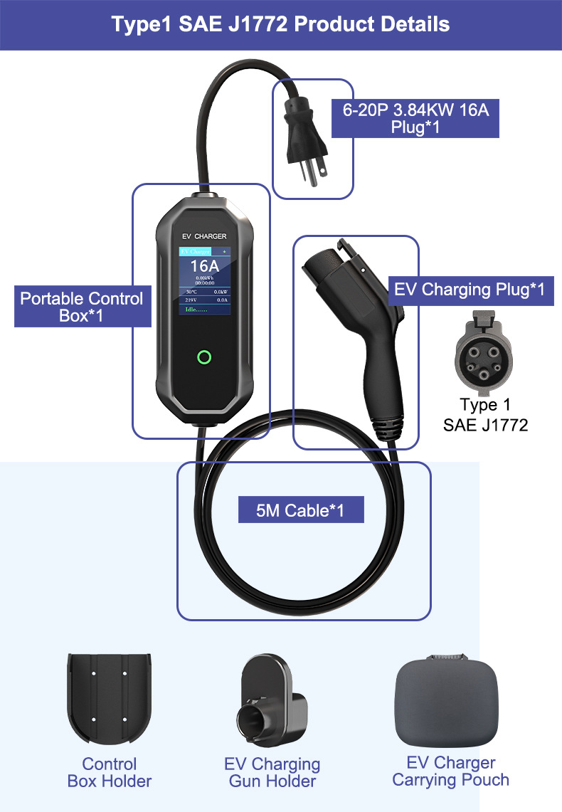 American Standard Charging Pile 3.84Kwtype1 New Energy Vehicle Portable Charging Gun 16A Fast Charging