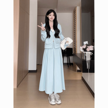 早秋搭配海盐蓝卫衣套装女新款浅色系开衫卫衣半身裙两件套潮