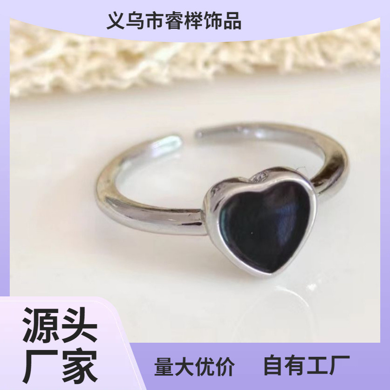 新款泰银戒指批发韩版时尚黑色滴胶几何方形爱心开口可调个性戒指