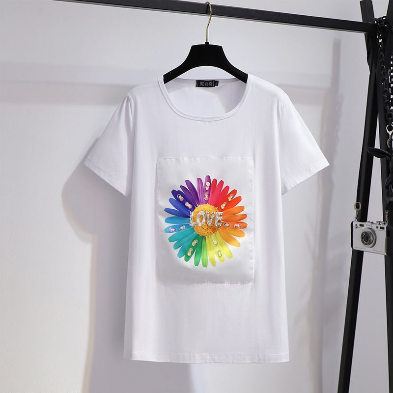2021春夏新款大码清凉宽松女装短袖时尚图案圆领烫钻T恤400斤可穿|ru