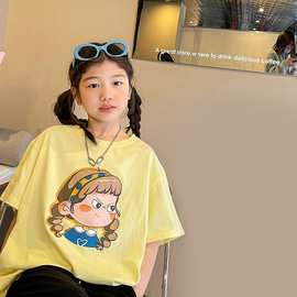 一件代发女童短袖T恤2023夏季新款中大童卡通头像印花宽松上衣