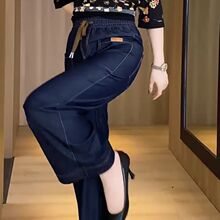 夏季新款时尚百搭休闲裤中年妈妈装薄款直筒裤系带软牛仔裤女