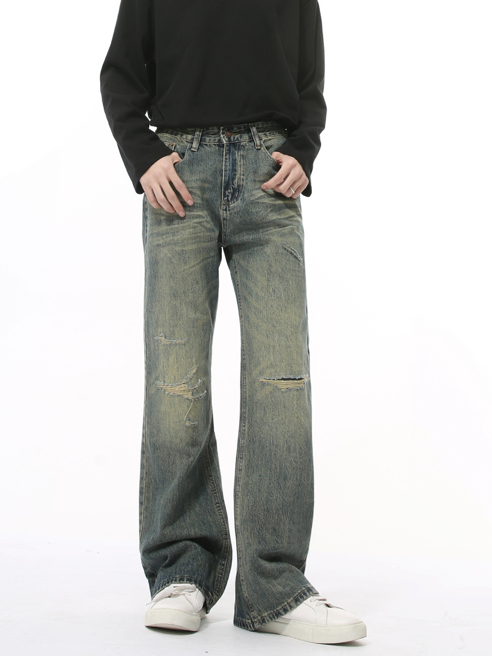 MTLCLOTHES Hombres| Nuevos productos de otoño pantalones agujeros de la calle, piernas largas sueltas lavadas con agua para hacer pantalones rectos viejos