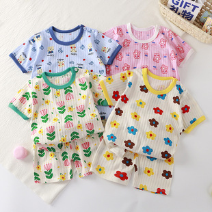 Летняя детская хлопковая пижама, тонкий комплект, детский топ, короткий рукав, детская одежда