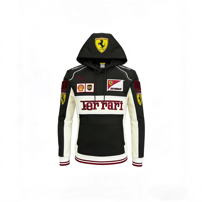 F1 Racing Suit Ferrari Hooded Embroidered Sweatshirt Heavy-Duty Embroidery Cross-Border Hot-Selling Patchwork Embroidered Sweatshirt Customization F1 Racing Suit Ferrari Hooded Embroidered Sweatshirt Heavy-Duty Embroidery Cross-Border Hot-Selling Patchwork Embroidered Sweatshirt Customization