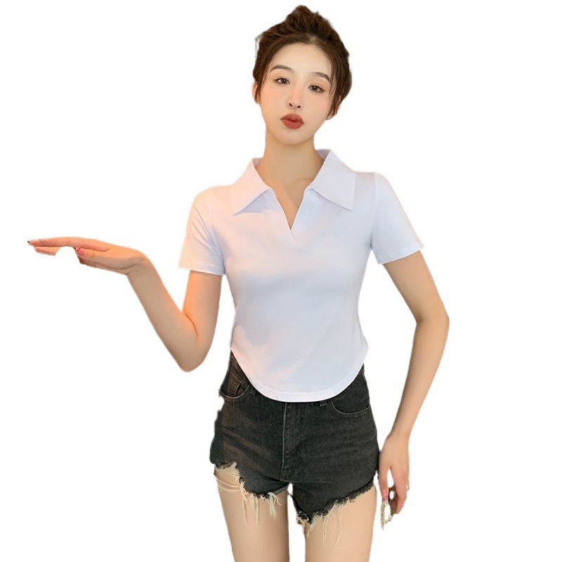 白色polo领短袖T恤女夏季2025新款露脐弧形下摆修身纯欲风上衣潮|undefined