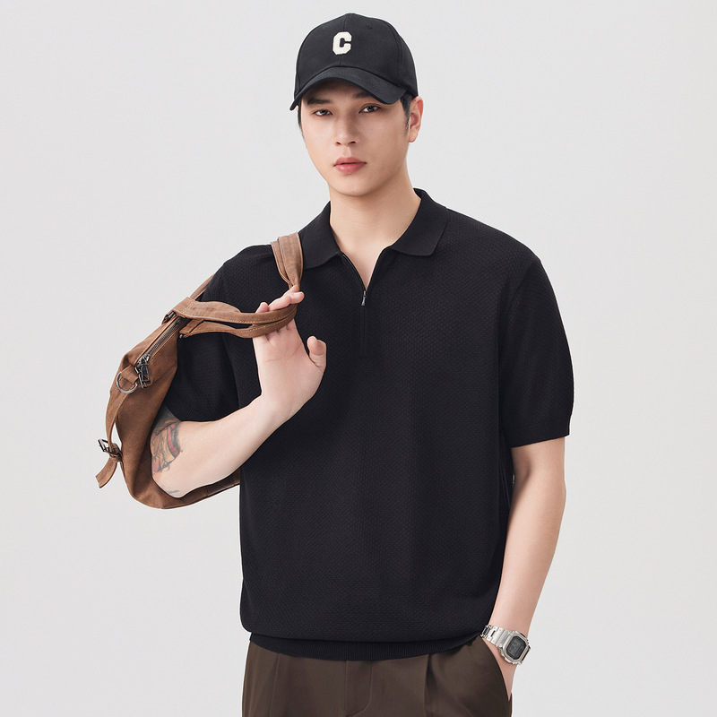 Solid Color Lapel Knit Sweater Short-Sleeve Men's Summer 2026 New Retro Simple Loose Slimming Versatile Casual Top Solid Color Lapel Knit Sweater Short-Sleeve Men's Summer 2026 New Retro Simple Loose Slimming Versatile Casual Top