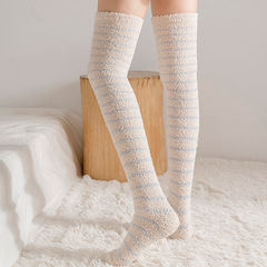 22新款冬季襪子女長筒過膝珊瑚絨女襪條紋ins風加厚加絨居家女襪