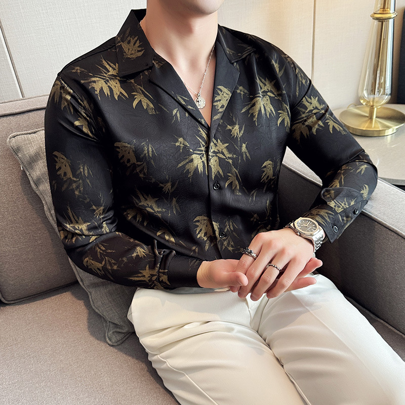 Spring and Autumn New Products for Boys, Smooth and Drapey Long-Sleeved Shirts, Cuban Collar Floral Shirts, Men's Large Lapel Printed Tops in Stock