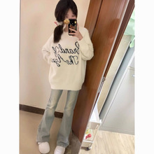 复古黄泥染微喇牛仔裤女辣妹高腰修身弹力显瘦喇叭裤子马蹄长裤秋