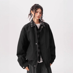 欧美BL跨境翻领假两件格子外套女拼接休闲春秋季美式潮流复古男士