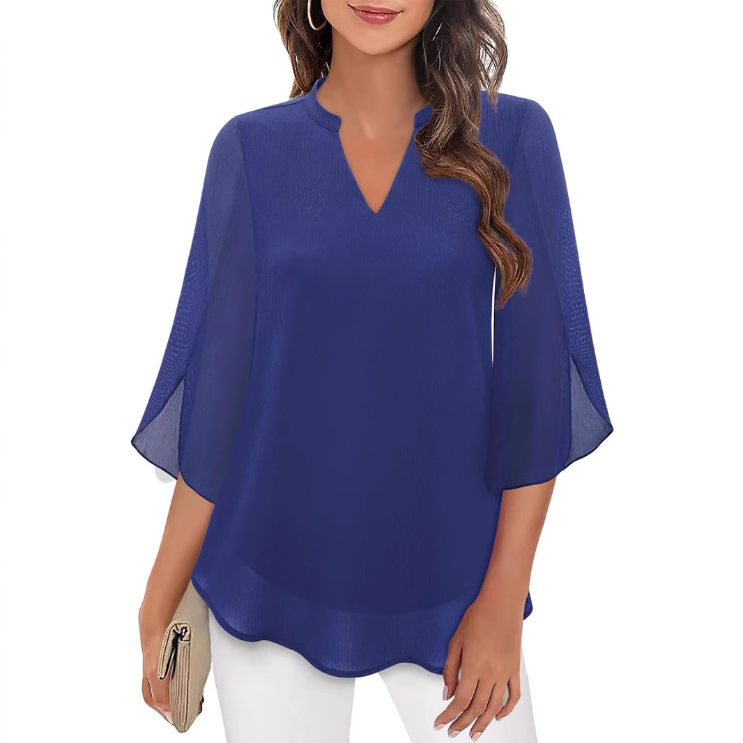 Top casual primaverile ed estivo con maniche a petalo e scollo a V in chiffon._voghion.com