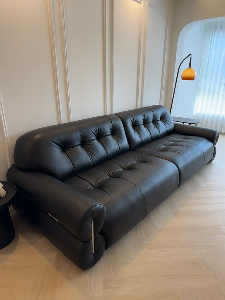 Brown Sugar Sofa Living Room Large and Small Antique Style Black Leather Straight Row Cloud Sofa