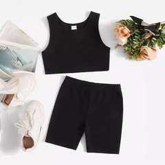 跨境歐美兒童2024新款無袖時尚女童套裝潮女童背心上衣短褲兩件套