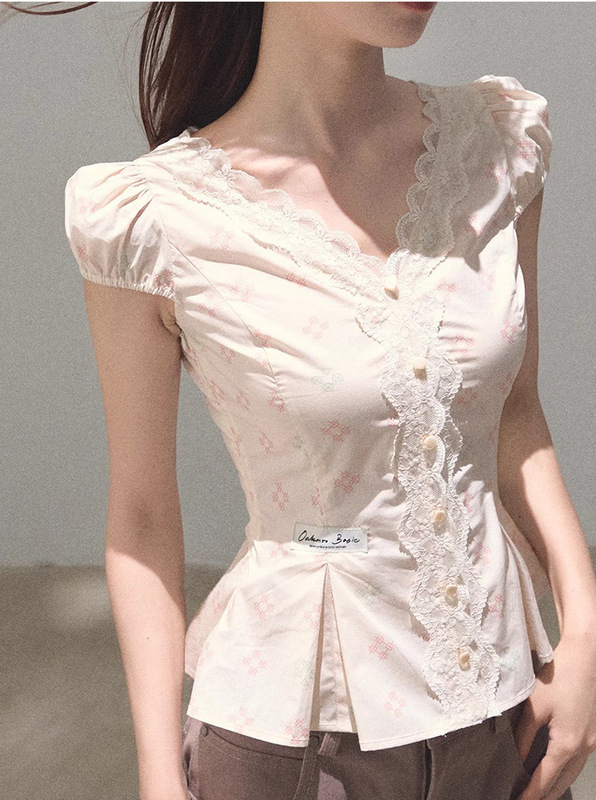 Oakmo 棉蕾丝V领少女感收腰显瘦修身设计感衬衫上衣|undefined