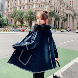 牛仔棉服加绒女韩版中长款修身显瘦大毛领羊羔毛外套