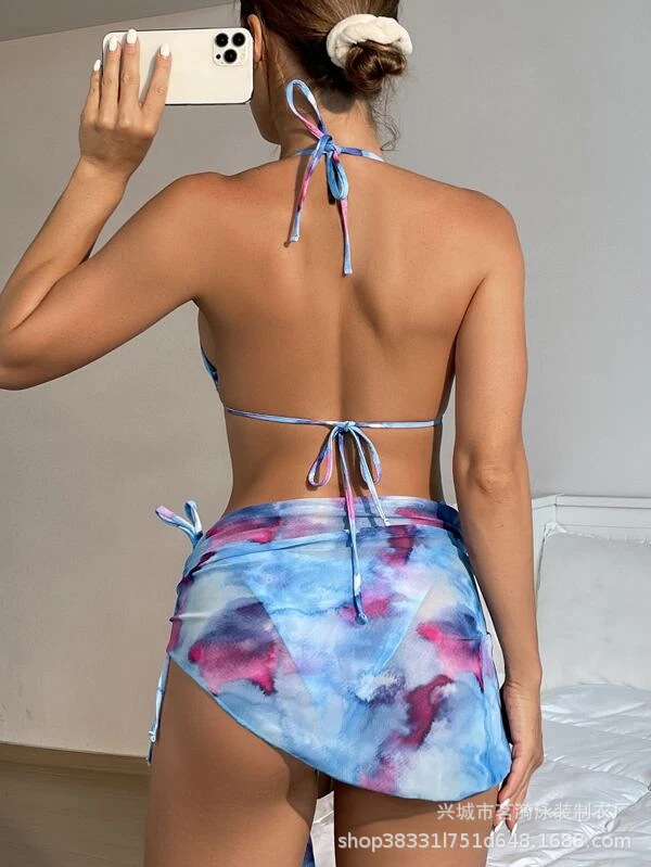 Mingyi nueva moda sexy europea y americana multi-color tie-dyed bikini malla falda de tres piezas traje de baño de las mujeres