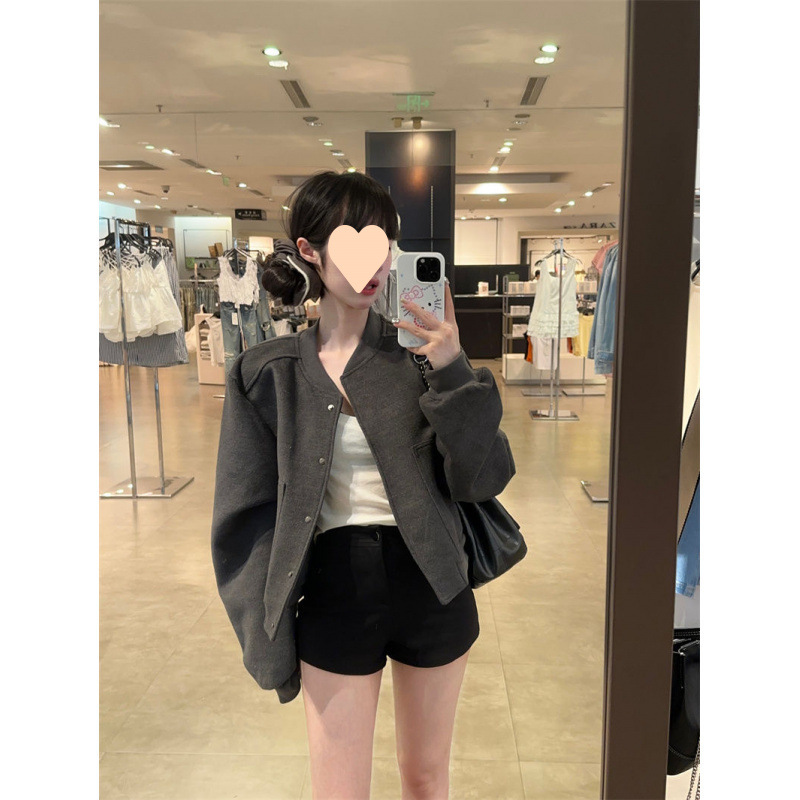 American Gray High Baseball Casual 2025 Fall New All-Match Jacket Loose Front Shoulder Short Jacket Top