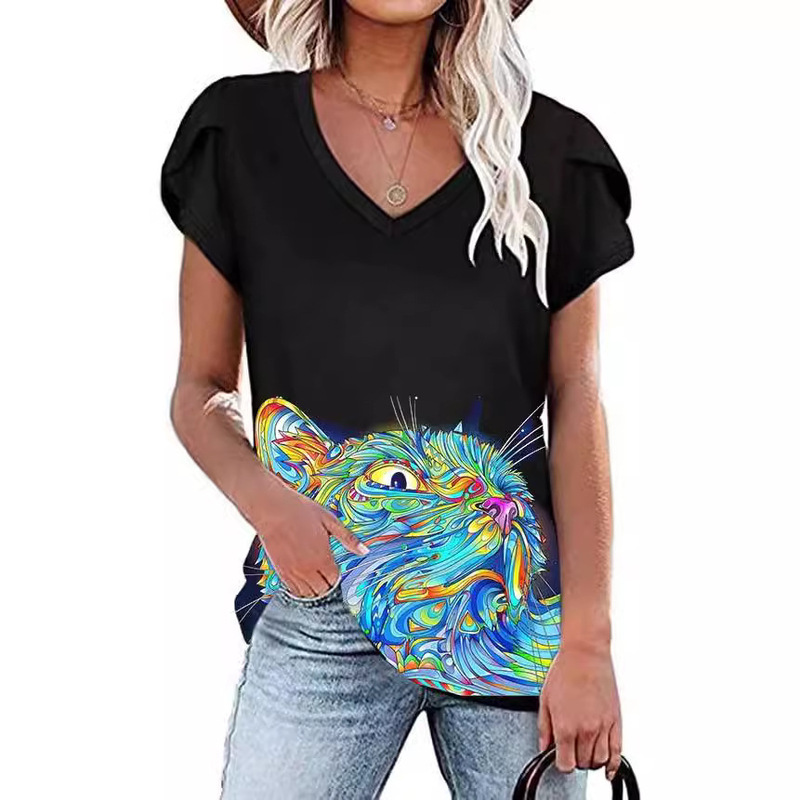 3D PrinTeD Colorful Oil PainTing Ink CaT Women's Casual Summer Loose V Neck ShorT-sleeveD T-shirT PersonalizeD Sleeve Type