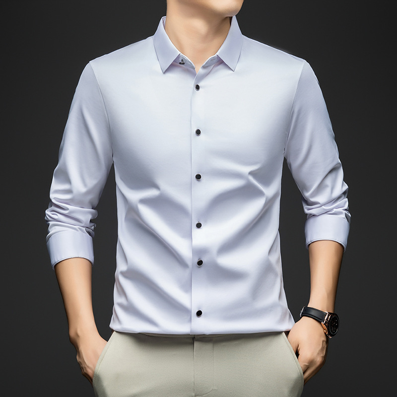 一件代发包邮秋季新款男士高档衬衫纯色商务经典桑蚕丝衬衣男|undefined