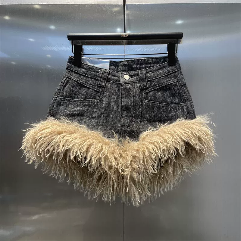 Модные женские джинсовые шорты с меховой вставкой в ретро-стиле, осень-зима 2025, новые, узкие, высокая талия