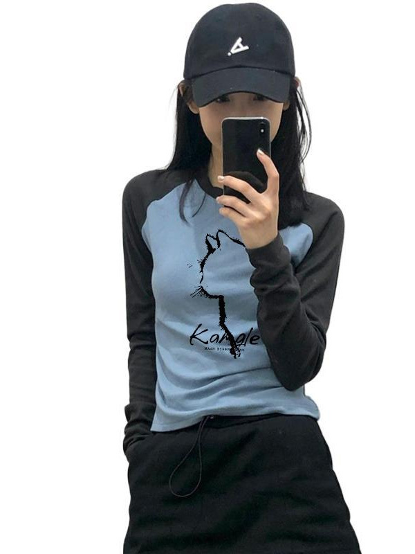 美式复古长袖t恤女春季修身显瘦短款打底衫2025年新款插肩袖上衣|undefined