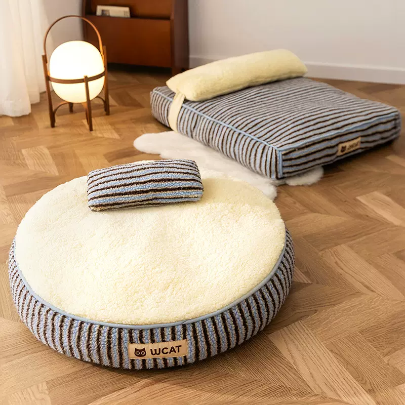 跨境简约撞色条纹软面包厚垫猫窝狗窝靠枕护颈狗床猫床秋冬宠物窝