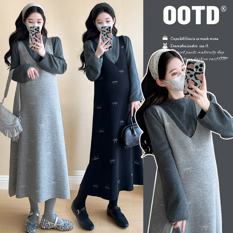 Maternity wear autumn and winter set, fashionable new style, high-end outfit for expectant mothers, sweater, knitted suspender dress for autumn and winter Maternity wear autumn and winter set, fashionable new style, high-end outfit for expectant mothers, sweater, knitted suspender dress for autumn and winter