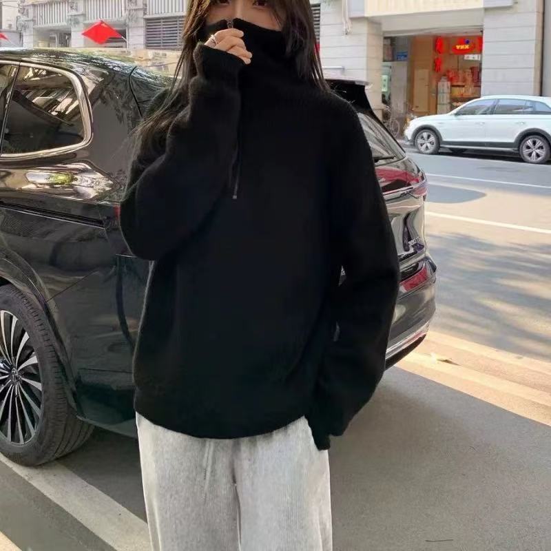 半拉链高领毛衣女秋冬季宽松韩版慵懒风外穿套衫软糯针织衫上衣女|undefined