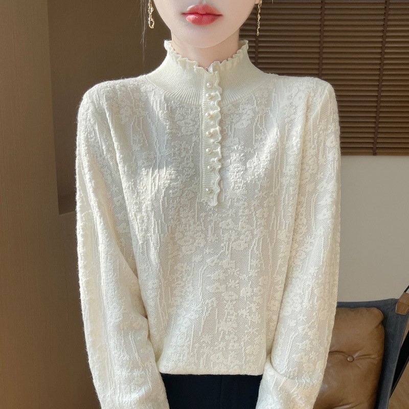 Spring and Autumn New Style Fine Imitation Knitted Bottoming Shirt Women's Half Turtle Collar Lace Beaded Pullover Long Sleeve Casual Top