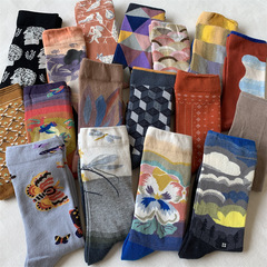 新品法國風格小眾油畫文藝色彩快樂襪子中高筒女棉混小腿潮款襪子