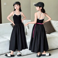 女童連衣裙夏季新款2024中大童洋氣辣妹風吊帶裙女孩時髦漏背裙子