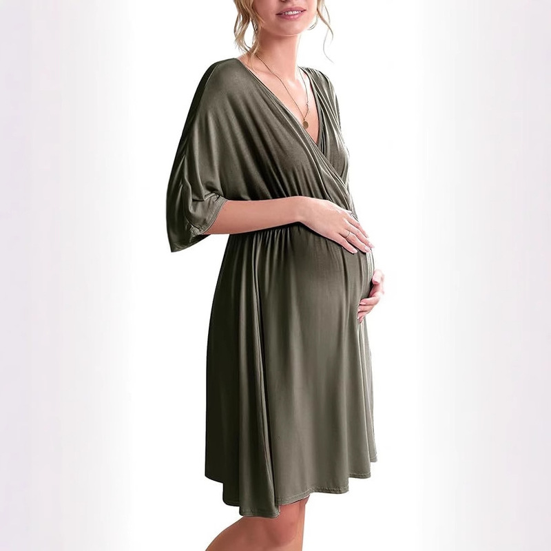 Spot Modal Fabric Pregnant Women's New Summer Postpartum Pure Color Nursing Short-Sleeved Belly-Supporting Slimming Look Dress