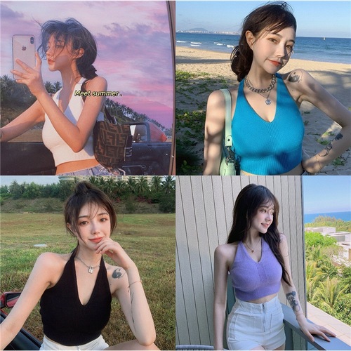 Women's Blue Strappy Bralette, Summer  New Design, Chic French Style, Small Crowd, Short-Sleeved Top