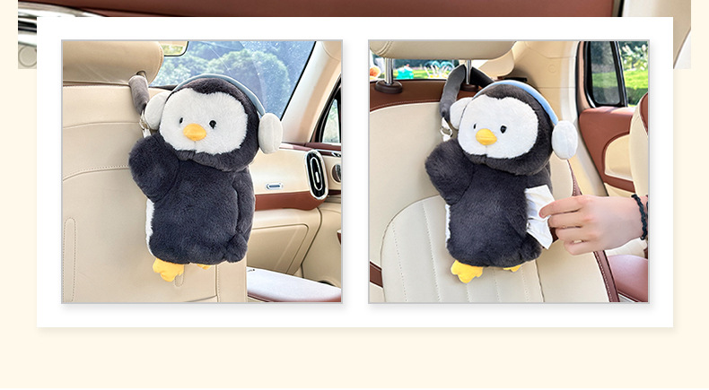 Manufacturer-customized car tissue box, featuring a cute plush penguin design, for hanging on car seats; a car tissue holder