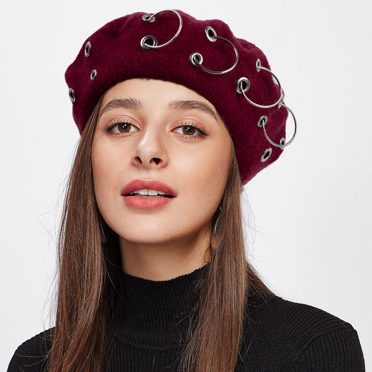 Women's Gender Metal Design Women's Retro Punk Streetwear Solid Color Metal Eaveless Beret Hat