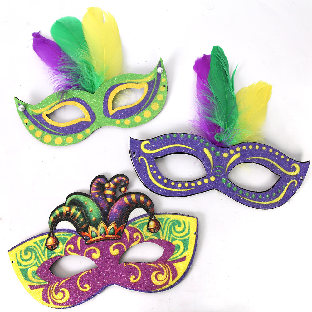 Amazon Carnaval máscara de polvo de oro decoración de fiesta de Nueva Orleans máscara de mitad de cara oro roxo verde plumas máscara de ojos